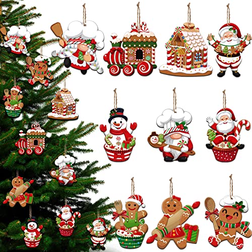 Wooden Gingerbread Christmas Ornaments Set - Santa Snowman House Decor
