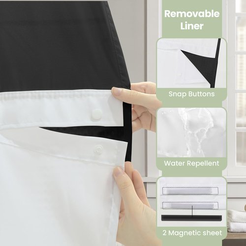 Inhousolu No Hook Shower Curtain with Snap in Fabric Liner Set Waffle Weave 230GSM Weighted Hem, Waterproof & Washable Bathroom Curtain Spa Luxury with Mesh Top Window 72" W x 72" L Black