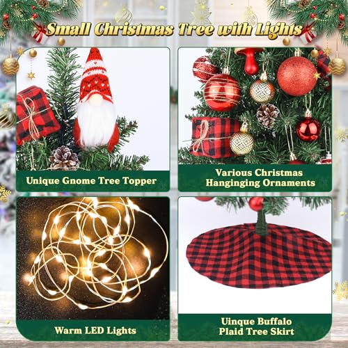 Mini Gnome Christmas Tree with Lights - 2 Ft Small Tabletop Holiday Tree