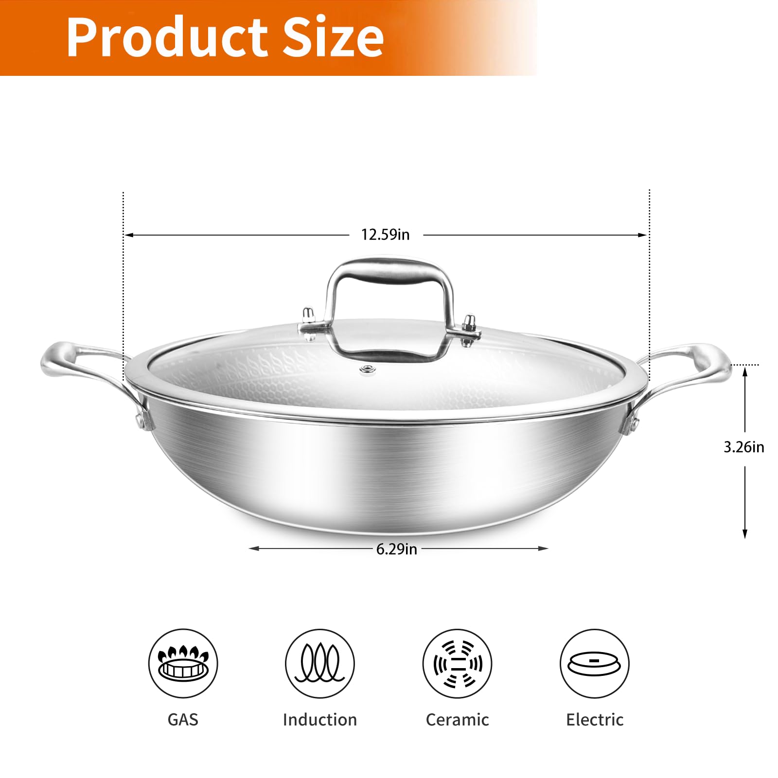 DELARLO Wok Pan With Lid 12 Inch Non stick wok,Oven Safe Up to 600℉,Woks & Stir-Fry Pans Nonstick,Tri-Ply Stainless Steel Wok, 5QT Nonstick Deep Frying Pan, Induction Saute Pan With Lid