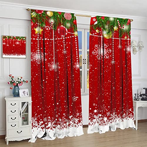 Merry Christmas Blackout Curtains 2 Panels 21W x 63L - Red Floral Snowflake