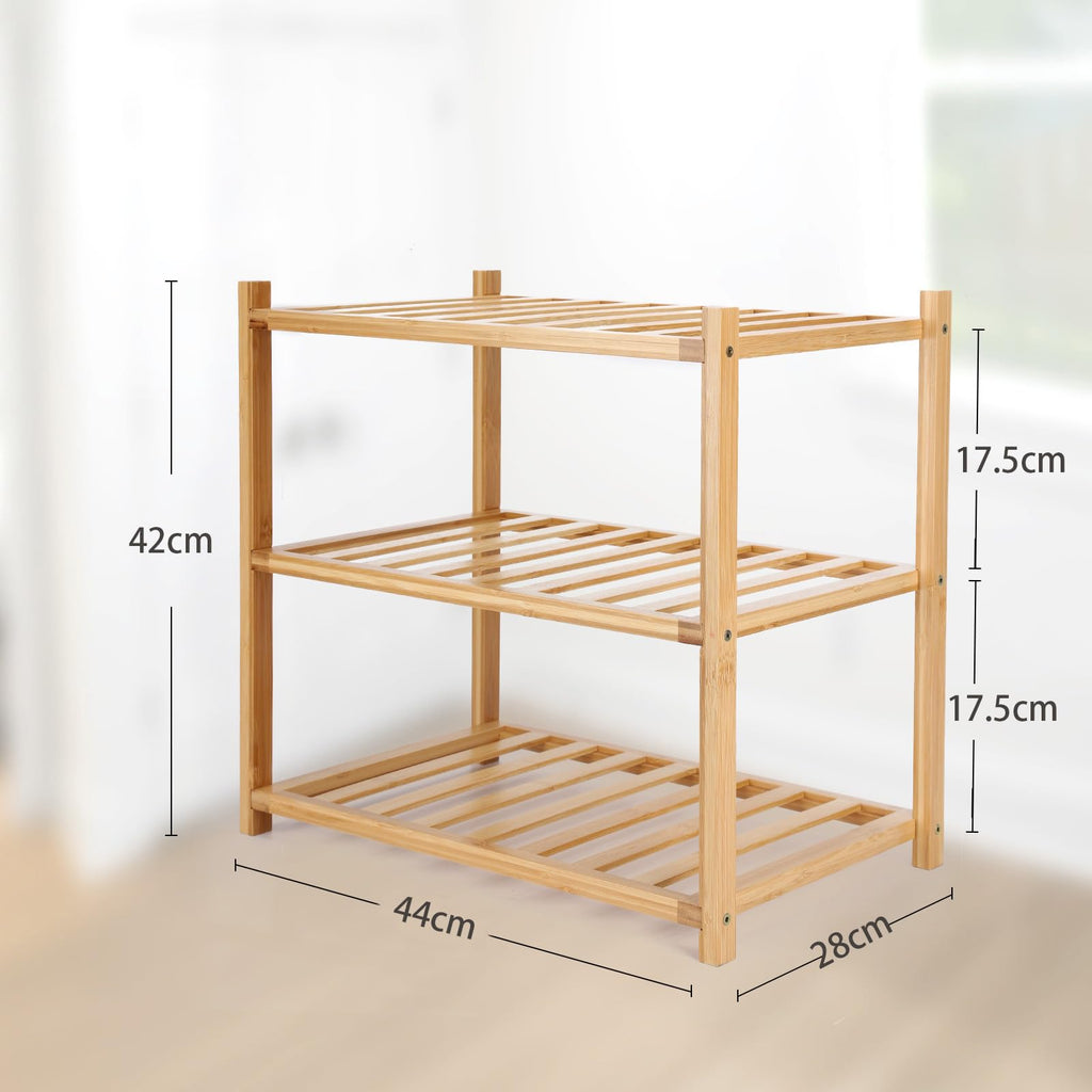 Akloya Small Shoe Rack, Multipurpose 3 Tier Shoe Organizers Rack，Small Bamboo Shelfs for Shoes, Plants, Books, Living Room, Hallway Bedroom, Bathroom (3 Tier)
