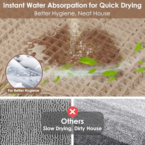 Super Absorbent Waffle Bath Mat with Tassels - Non-Slip, Soft, Quick Dry, 17"x24" Khaki