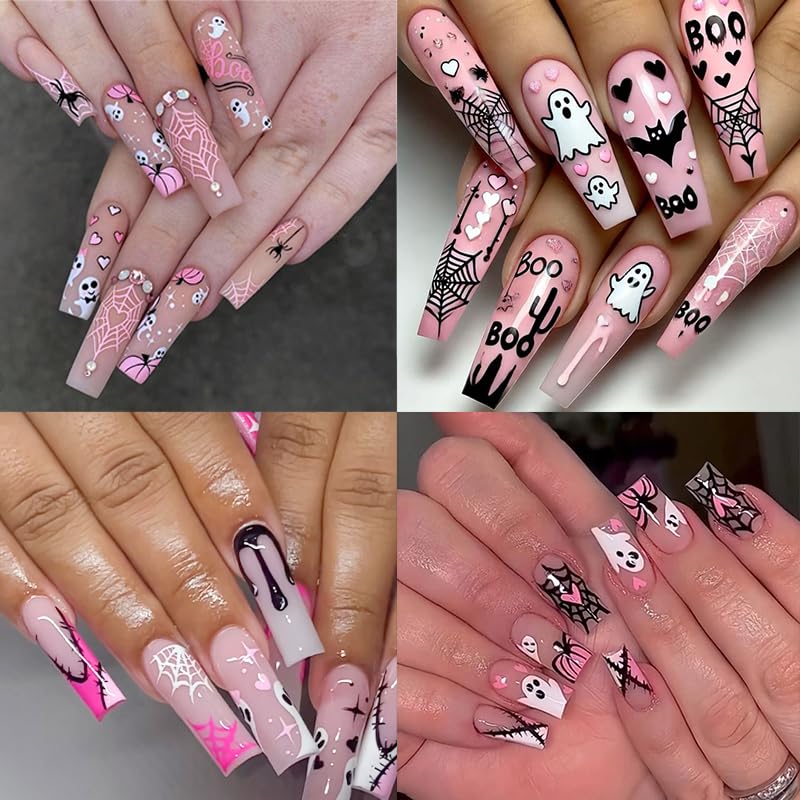 6 Sheets Halloween Nail Stickers Pink Glitter Butterfly Spider Web 3D Decals