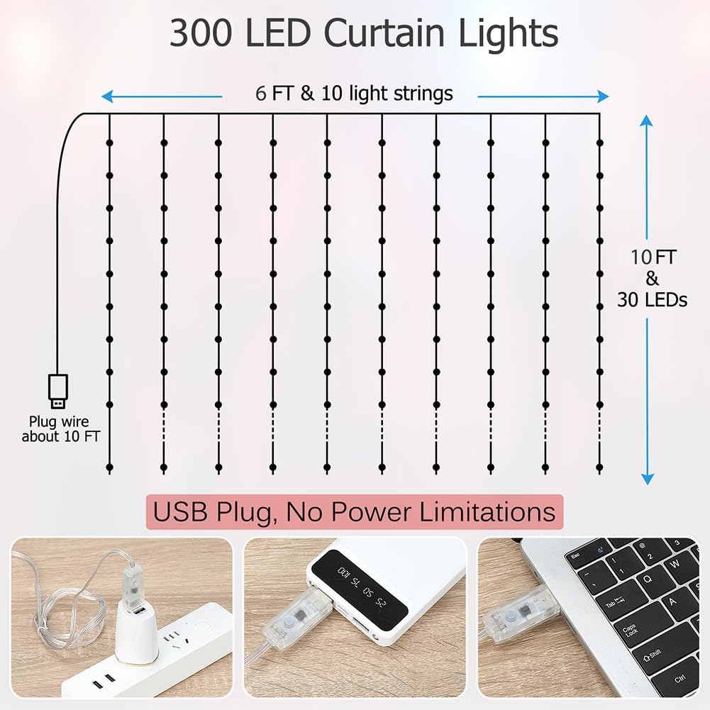 Skiennix 300 LED Curtain Lights - 10ft x 10ft Twinkle Fairy String Lights with Remote & Timer | Waterproof USB Powered for Indoor/Outdoor Christmas Decor - Warm White