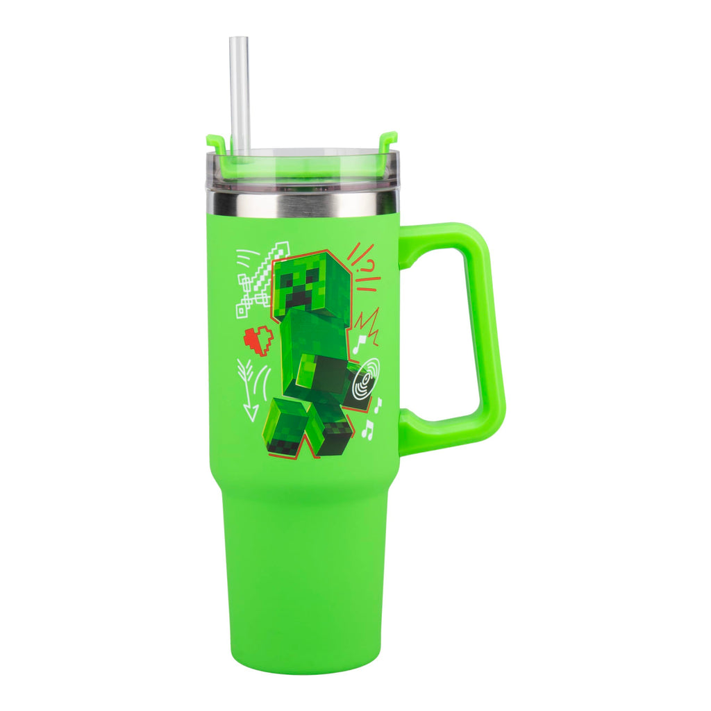Paladone Minecraft Steve & Creeper 30 oz Green Insulated Cup and Straw, Officially Licensed Tumbler Travel Cup with Handle for Iced Tea or Coffee, Gaming Merchandise