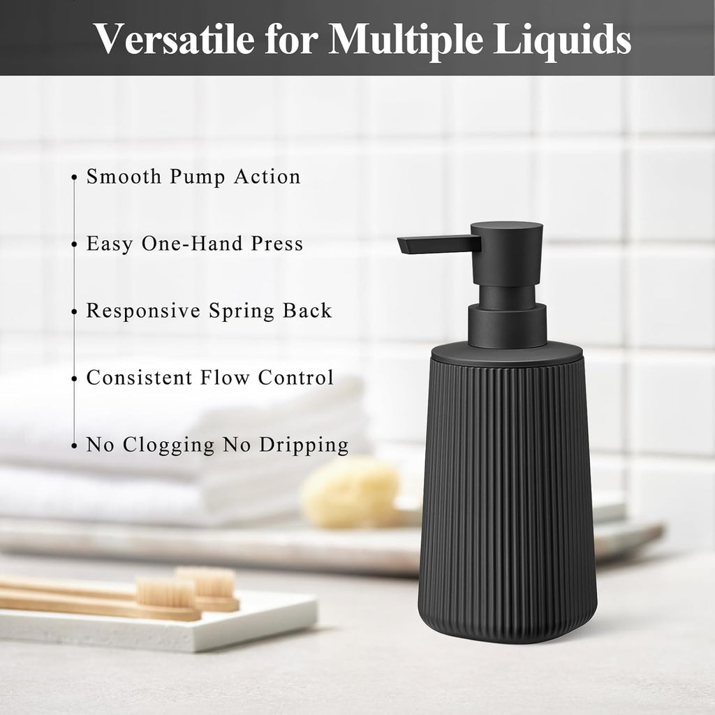 Black Hand Soap Dispenser - Rust-Proof Pump for Bathroom & Kitchen | Refillable Striped Matte Plastic, 8.5 oz