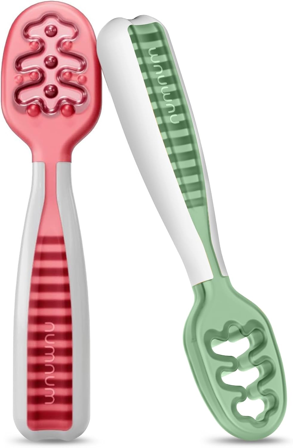 NumNum Baby Spoons Set - Pre-Spoon GOOtensils for Self-Feeding | BPA-Free Silicone Utensils, 2 Pack Red/Green for 6+ Months