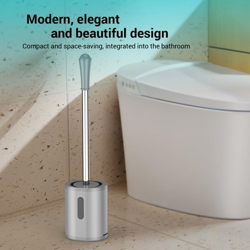 Toilet Brush and Holder Set, with Stainless Steel Handle Toilet Bowl Brush, Compact Toilet Scrubber Brush for Deep Cleaning Bathroom Restroom, Easy to Assemble-Grey