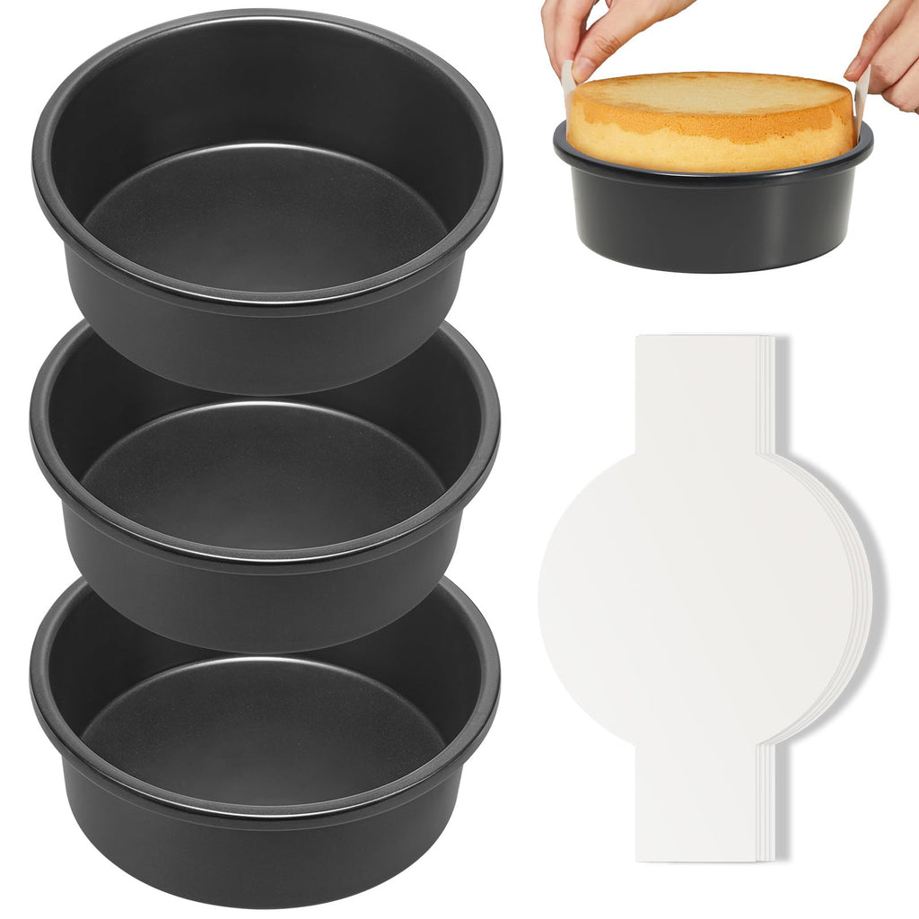 HONGBAKE 6 Inch Round Cake Pan Set for Baking with Healthy Parchment Paper, Nonstick Deeper Circle Cake Pans with Wider Grips, 3 Pieces Premium Layer Cake Tin, Cheesecake Mold, Huty Duty - Grey