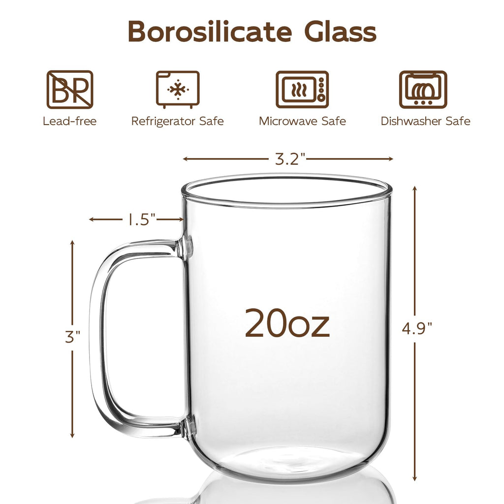 BWODYAY Glass Coffee Mugs, 20 oz Ice Coffee Cups Set of 4, Large Clear Tea Cups, Glass Mugs with Handles for Hot Beverages, Glass Cups for Latte, Cappuccino, and Tea