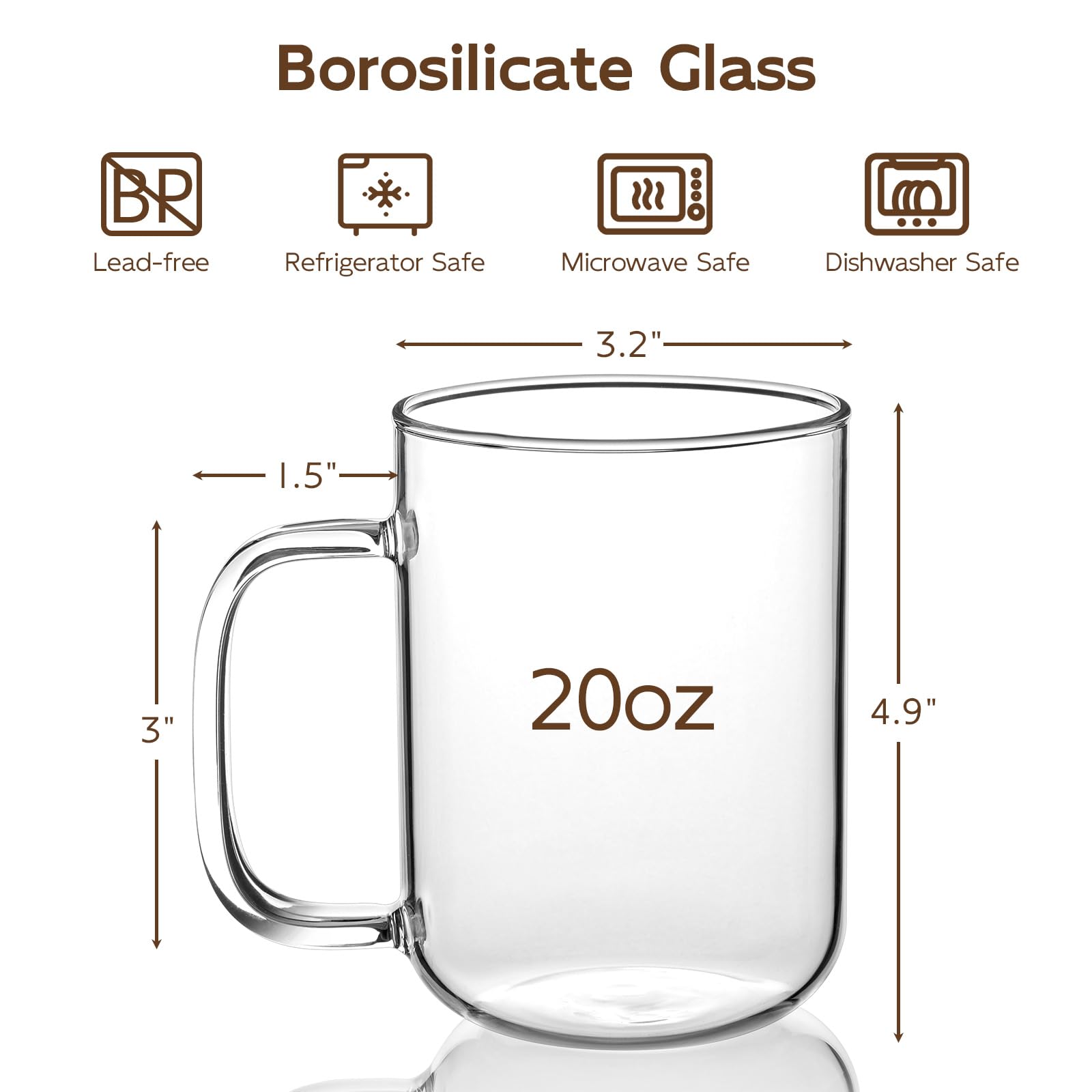 BWODYAY Glass Coffee Mugs, 20 oz Ice Coffee Cups Set of 4, Large Clear Tea Cups, Glass Mugs with Handles for Hot Beverages, Glass Cups for Latte, Cappuccino, and Tea