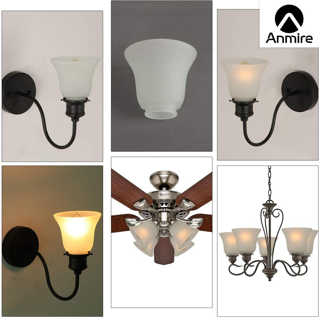 Anmire 2 Pack Frosted Ribbed Glass Shade, Bell Shaped Light Fixture Replacement Globe or Cover with 2-1/8-Inch Fitter for Ceiling Fan Light Chandelier Wall Sconce, G0016