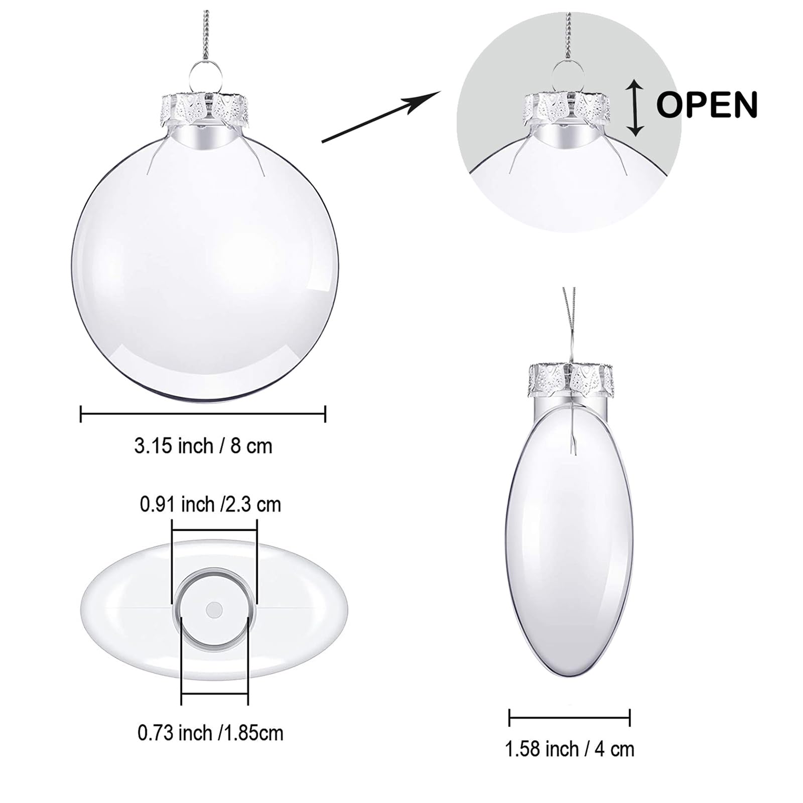 6 PCS DIY Christmas Clear Plastic Decorative Balls- 80mm/3.15inch Fillable Ornaments Clear Plastic Ball Decor for Crafts,Christmas Tree Decoration，Xmasdecorm,Halloween,Birthday,Wedding Decor
