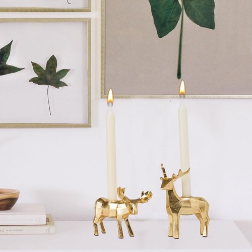 Braxio Candle Holder Set - Elegant Resin Origami Gold Reindeer & Moose | Set of 2 for Holiday Decor