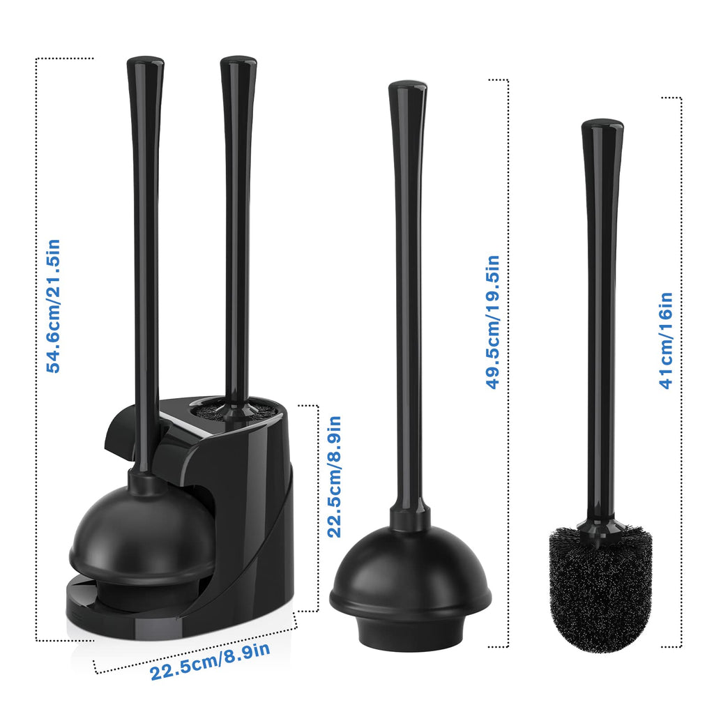 Toilet Plunger and Brush, Bowl Brush and Heavy Duty Toilet Plunger Set with Ventilated Holder, 2-in-1 Bathroom Cleaning Combo with Modern Caddy Stand for 5.7-inch Toilet Drain(Black, 2 Set)