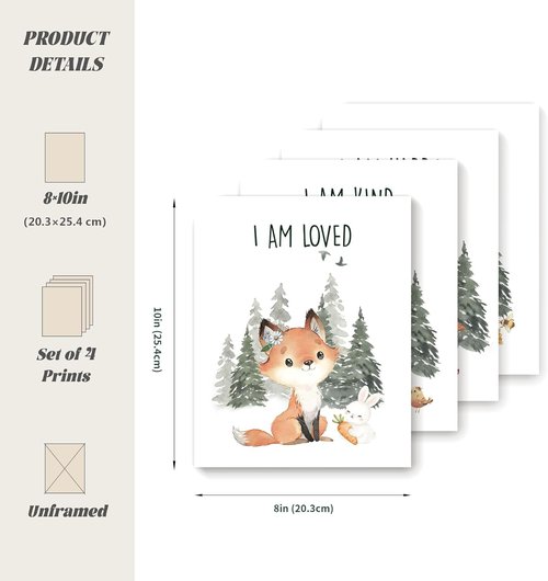 LARTSFRO Woodland Nursery Animals Wall Art - Cute Forest Decor for Kids | Set of 4 Unframed 10x8 Inch Posters