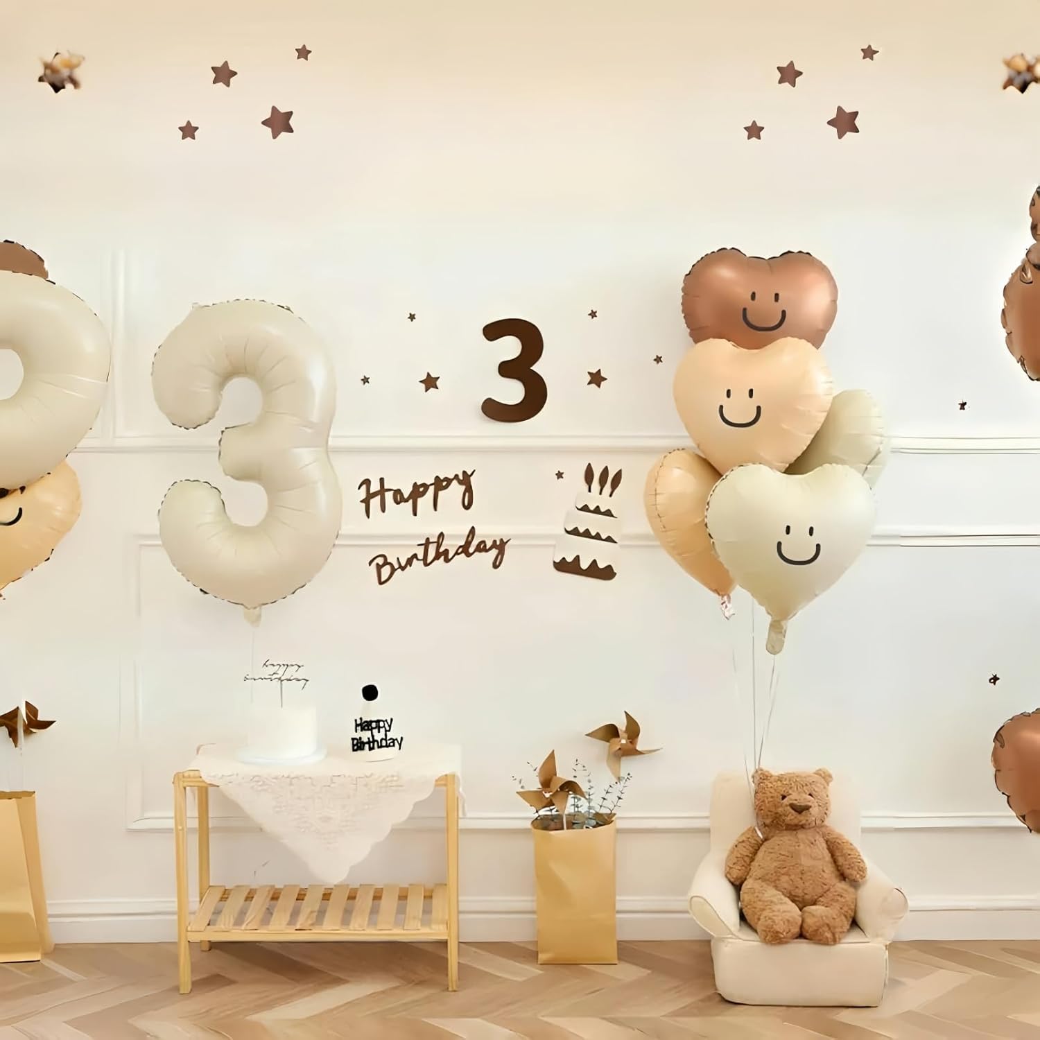 Skiennix 30 Balloons Decor - Beige Nude Apricot Foil Star & Heart Balloons | 40'' White Sand Helium Number 30 for 30th Birthday & Wedding Anniversary Celebrations