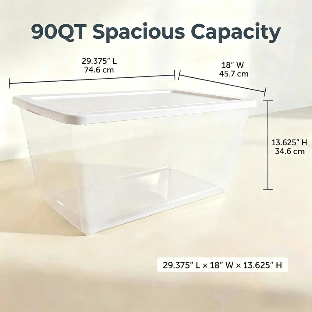 Skiennix 90QT Transparent Plastic Storage Boxes - 2-Pack with Snap-On Lids | Large 29" L x 18" W x 13" H for Home & Office