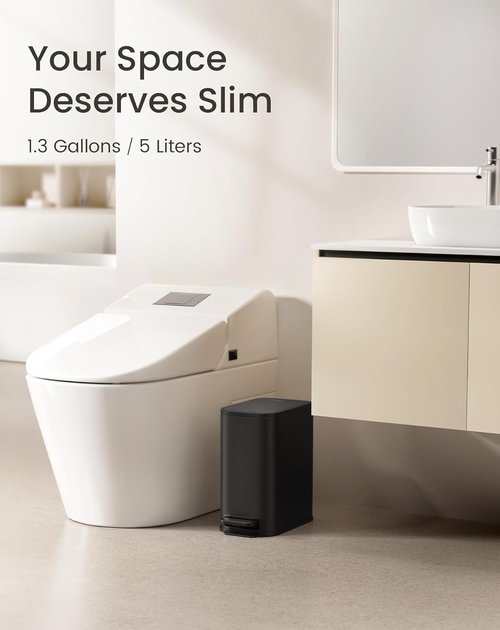 Cesun Stainless Steel Small Bathroom Trash Can - Soft Close Lid & Step Pedal, 5L | Matte Black