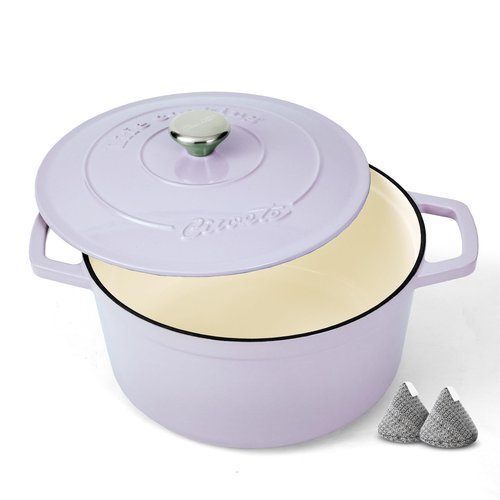 Ciwete Enameled Cast Iron Dutch Oven – 4.4 Quart Pot with Lid & Potholders – Heavy-Duty Cookware for Bread Baking, Braising, Stews & Roasting – Oven & Stovetop Safe up to 500°F – Purple
