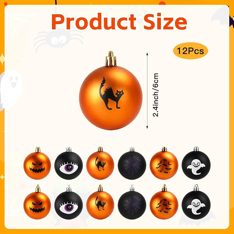 Hanging Halloween Ornaments 12-Piece Black & Orange Ball Decorations with String — 6 Designs