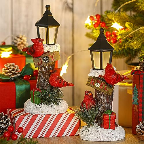 Christmas Lighted Lamp Set - Red Cardinal Tabletop Decor with Warm Lights