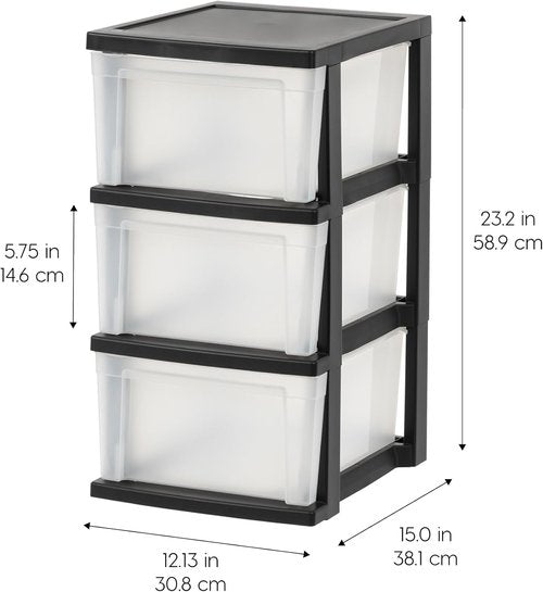 IRIS USA Plastic Drawer Organizer - 3-Drawer Storage Solution for Art Supplies | Black/Clear, 2-Pack