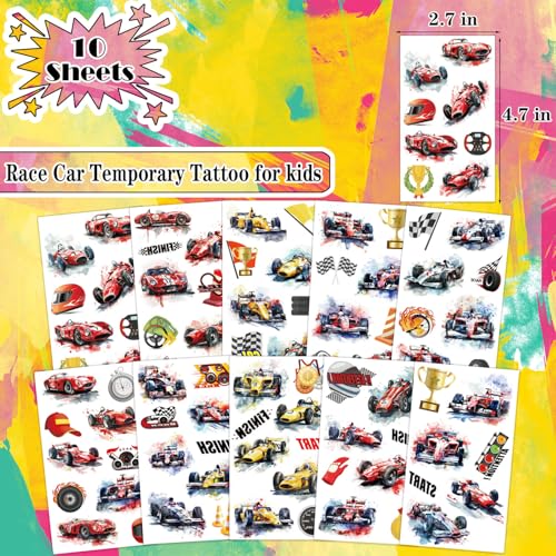 Race Car Temporary Tattoos for Kids - 10 Sheets Waterproof Party Favors