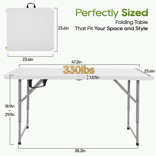 FDW 4FT Folding Table, Portable Fold-in-Half Plastic Picnic Party Table with Carrying Handle (White, 4FT)