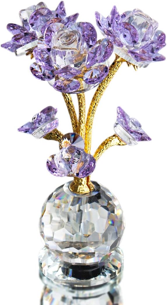 QFkris Purple Crystal Rose Flower Figurine - 6" Collectible Glass Ornament for Home Decor & Gifts