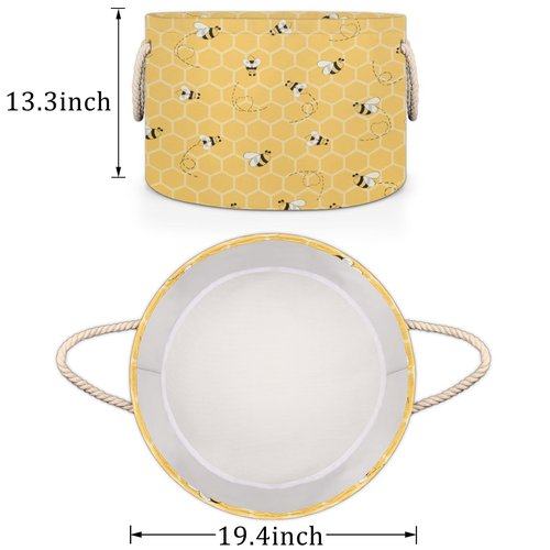 FengQuGou Cute Yellow Bee Large Storage Basket Honeycomb Bee Round Laundry Basket with Handle Organization Collapsible Storage Bins Box Hamper for Kids Toy Clothes Nursery Bedroom Living Room Decor