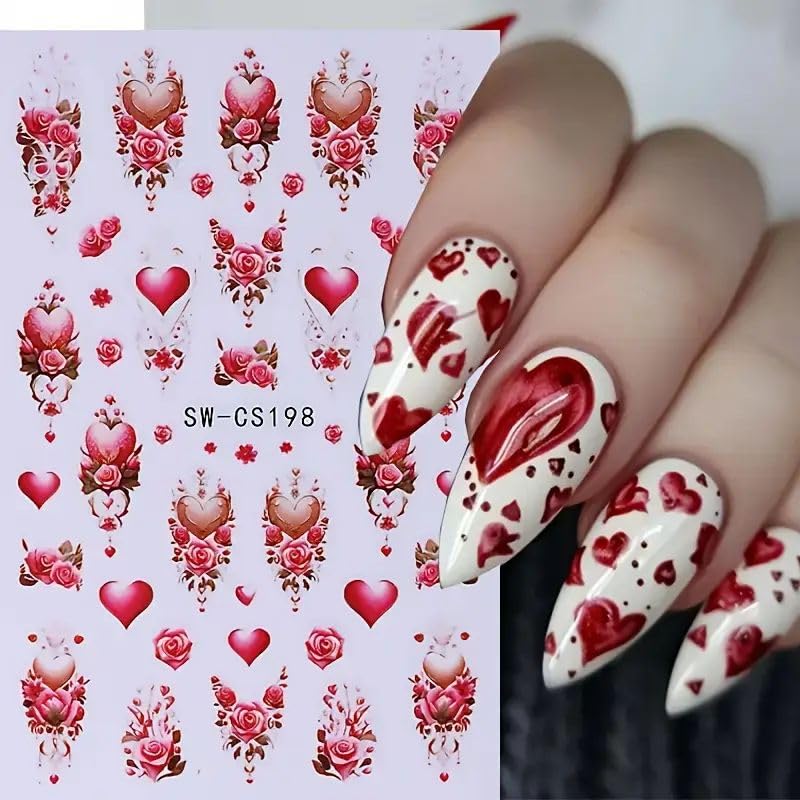 Valentine Nail Art Stickers 6 Sheets Wine Red Heart Rose Decals
