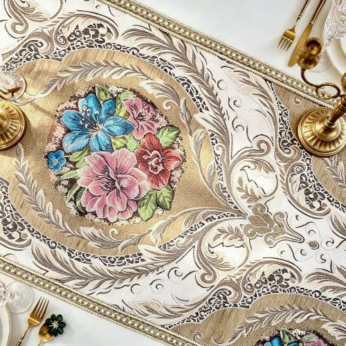 Champagne Floral Jacquard Thick Table Runner - 48 Inch Vintage Style