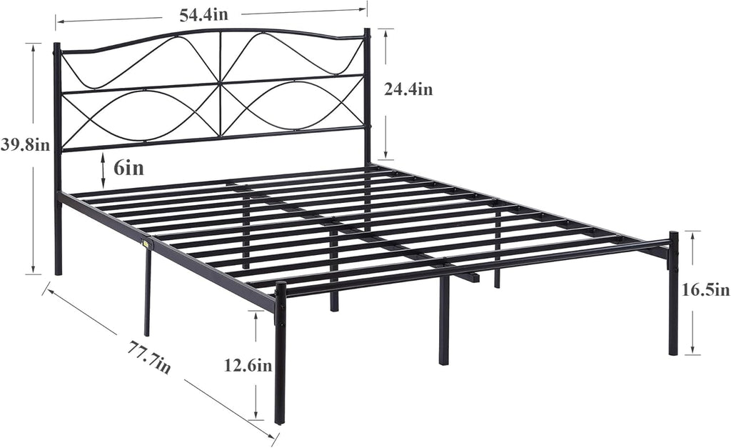 VECELO Full Size Bed Frame, Metal Bed Platform with Headboard, Sturdy Steel Slats Support, No Box Spring Needed/Noise-Free,Easy Assembly, Black