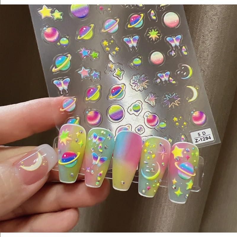 IDDFEVE 5D Embossed Space Nail Art Stickers Galaxy Planet Decals 2 Sheets