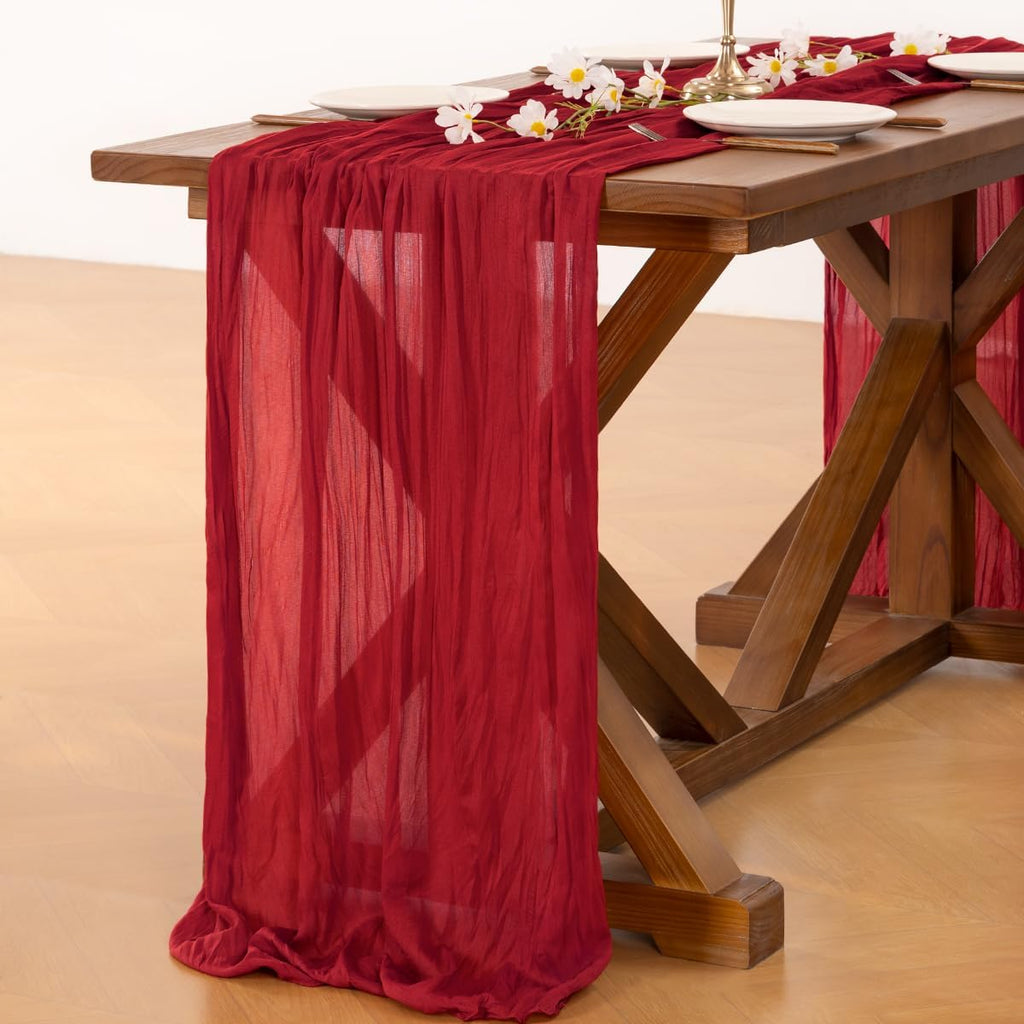 Socomi Red Cheesecloth Table Runner - 120 Inch Boho Rustic Decor for Weddings, Parties & Holidays