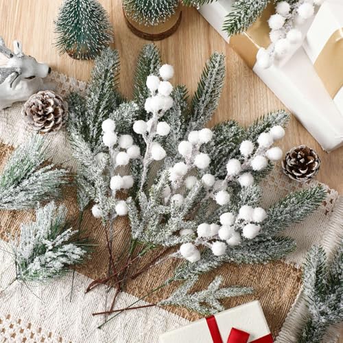 White Snowy Pine Tree Picks & Berry Stems - Christmas Decor - 80 Pcs