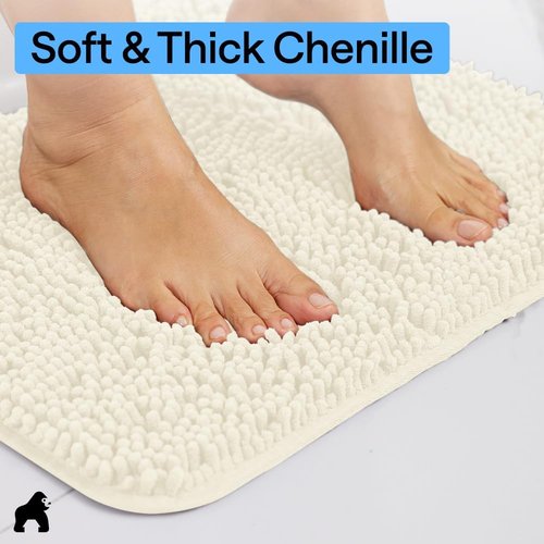 GORILLA GRIP Bath Rug Mat - Soft Absorbent Chenille with Quick Dry Microfiber | 24x17 Inches, Ivory