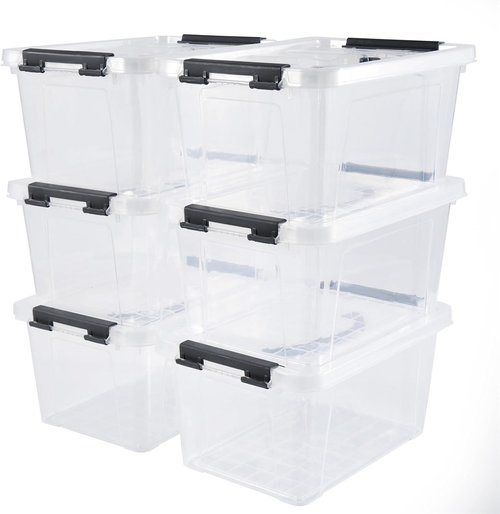 Eslite 6 Quart Stackable Storage Bins - Clear Latching Boxes with Handles & Lids | Pack of 6 (Black Handle)