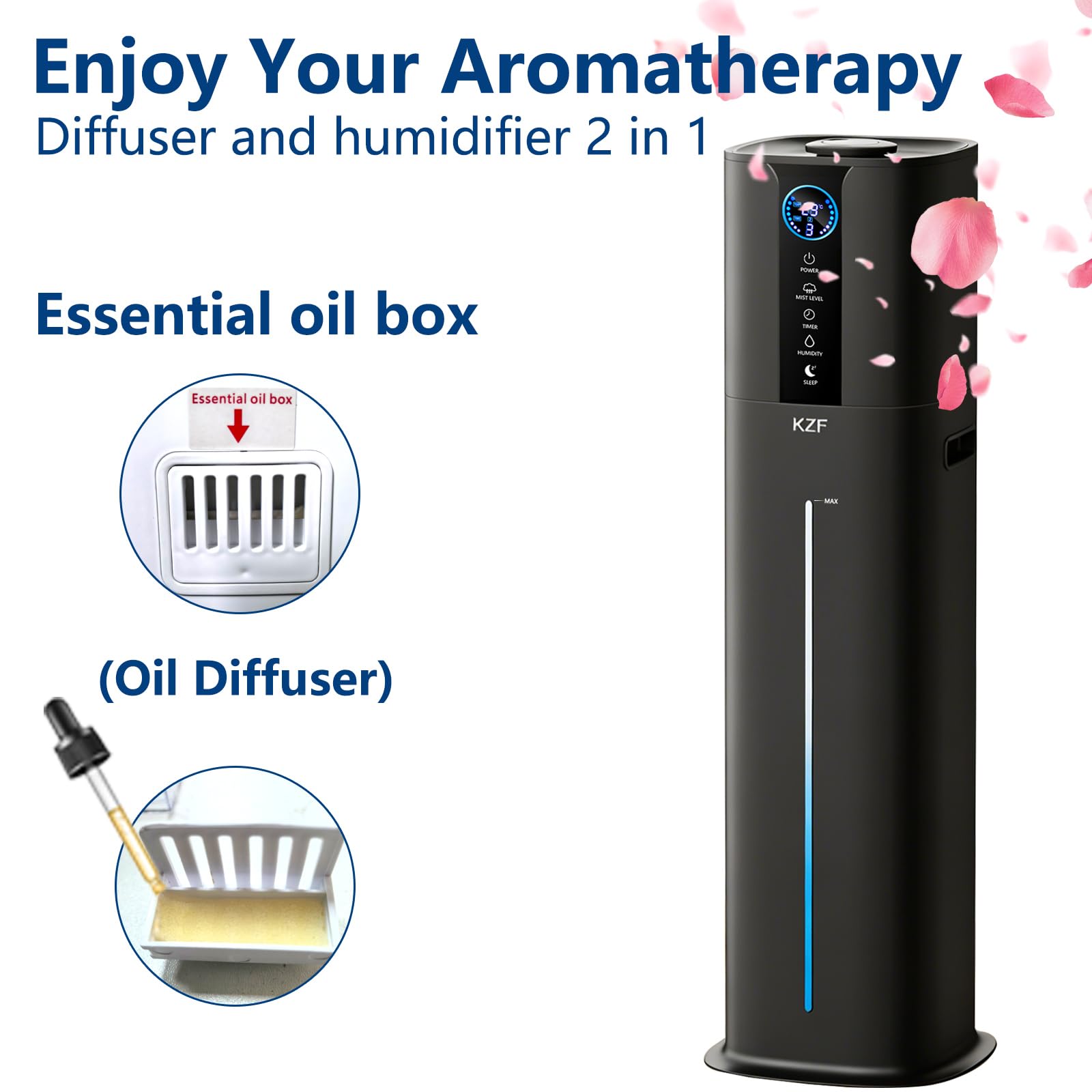 KZF 9L Smart Humidifiers for Bedroom Large Room, 2.3Gal Cool Mist Top Fill Diffuser App & Remote Control, 3 Mist Modes, Quiet Humidifier for Home Office Plant (9L Black App)