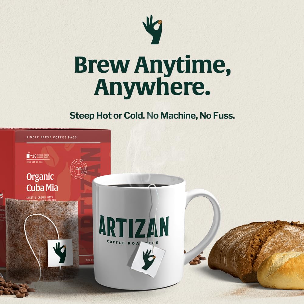 Artizan Coffee Roasters Organic Single-Serve Bags | Cuba Mia Blend | Full City Roast | 40 Count | On-the-Go – No Equipment Needed | Specialty Grade, Nitro-Sealed, Compostable