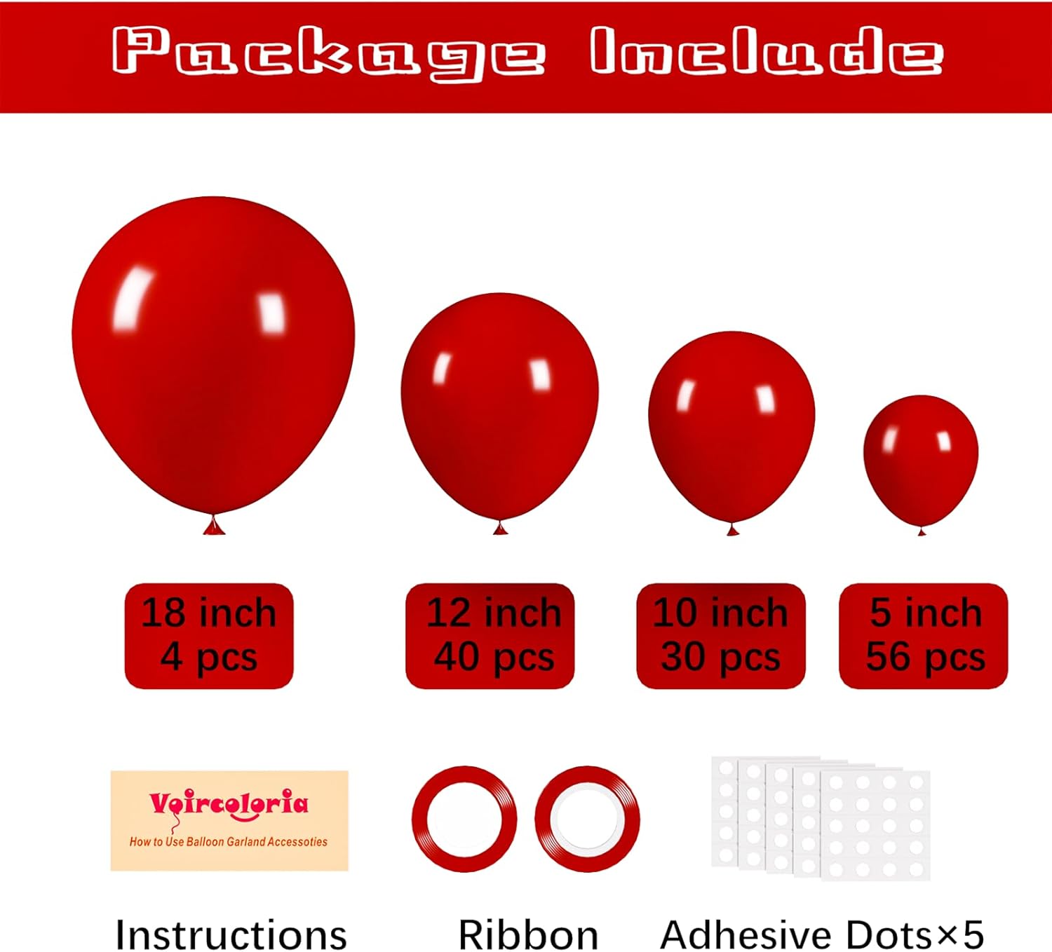 Voircoloria Ruby Red Balloon Garland Kit - 130pcs in Various Sizes for Birthday, Wedding & Party Decor
