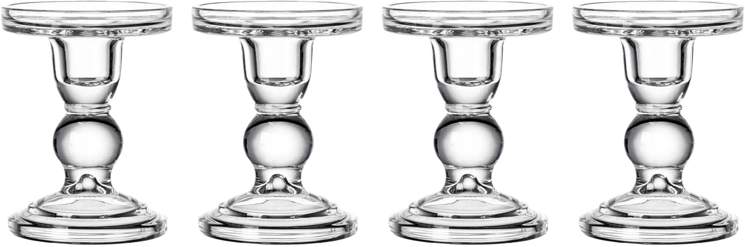 Skiennix Glass Candle Holder Set - Vintage Clear Holders for Pillar, Taper & Tealight Candles | 4-Piece Centerpiece Decor