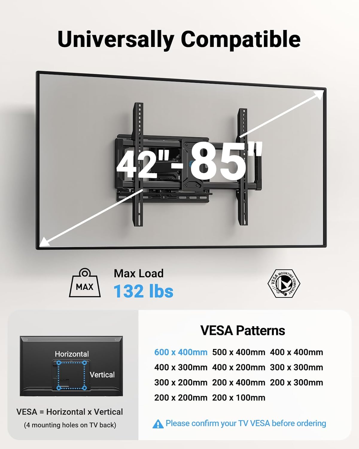 Pipishell Full Motion TV Wall Mount - Fits 42-85 Inch LED TVs Up to 132lbs | Swivel Bracket with Articulating Arms, Max VESA 600x400mm