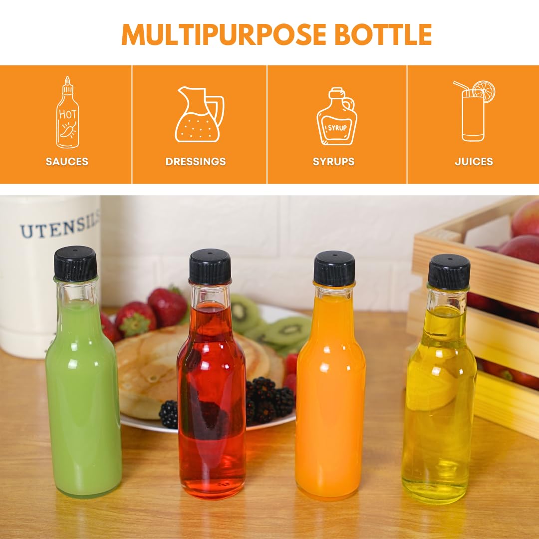FastRack Woozy Bottle 10 oz (Pack of 12) | Small Hot Sauce Bottles for Canning | Empty Clear Glass Sauce Bottle with Black Plastic Caps | Leakproof Cap - No Dripper Included