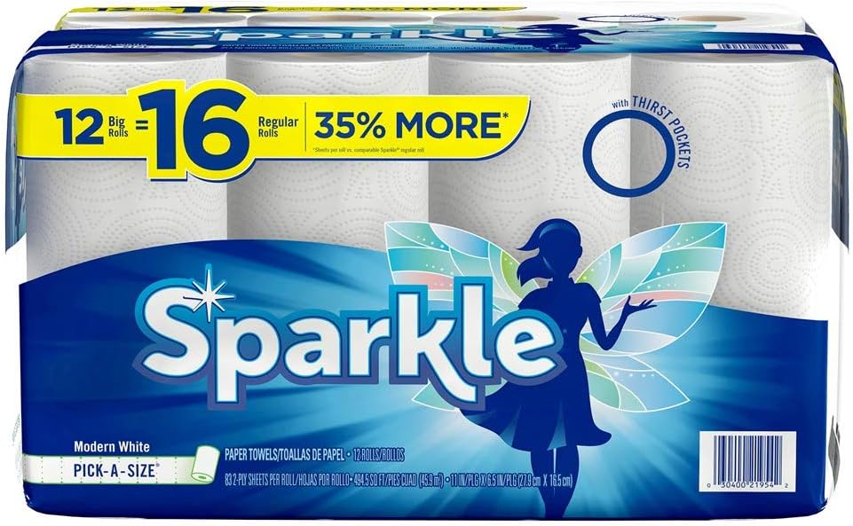 Sparkle Paper Towels - 12 Regular Rolls (16 Pick-a-Size) | Modern White for Easy Cleanup