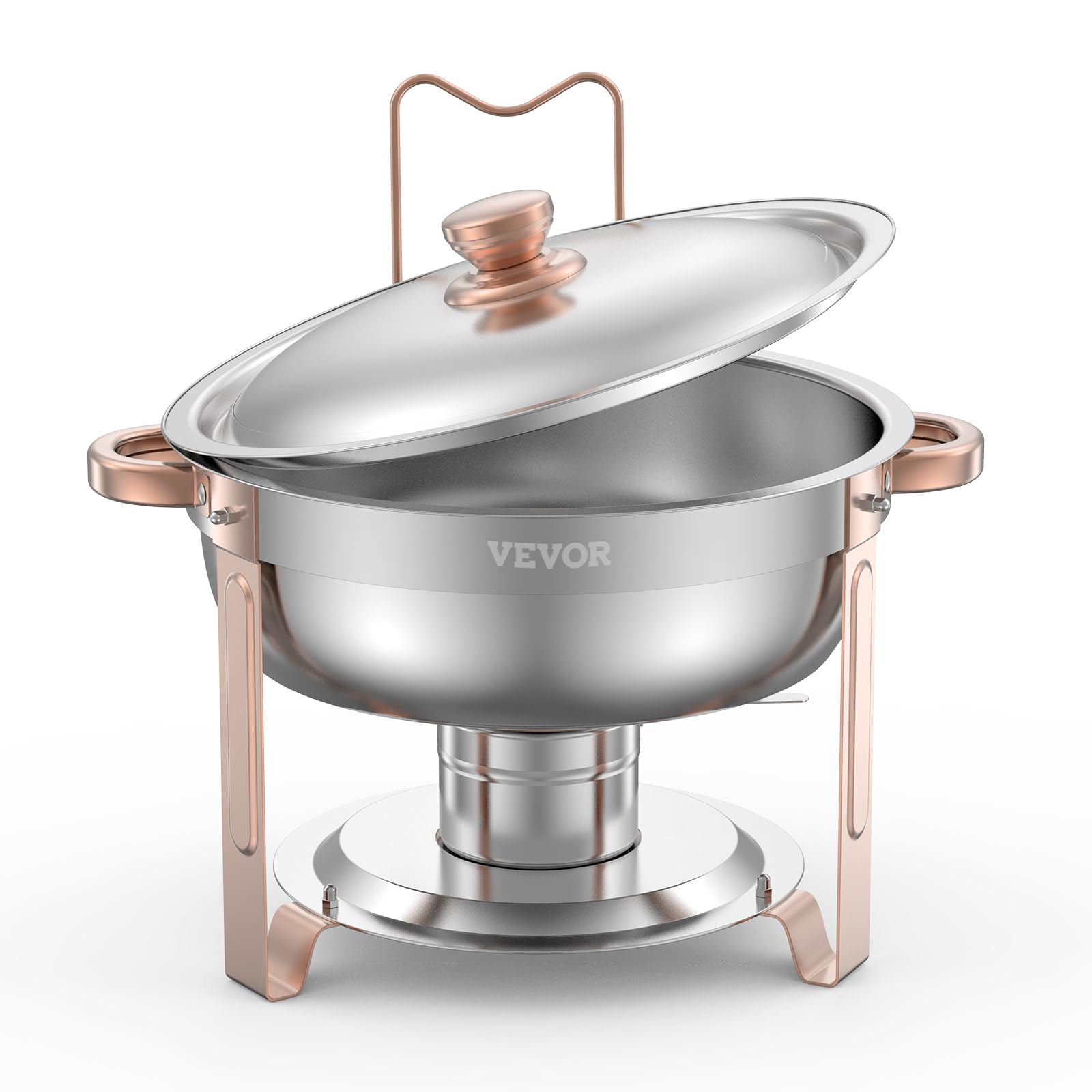 VEVOR Chafing Dish Buffet Set, 5 Qt 4 Pack, Stainless Steel Chafer with 4 Full Size Pans, Round Catering Warmer Server with Lid Water Pan Folding Stand Clip, for Weddings Parties Banquets, Rose Gold