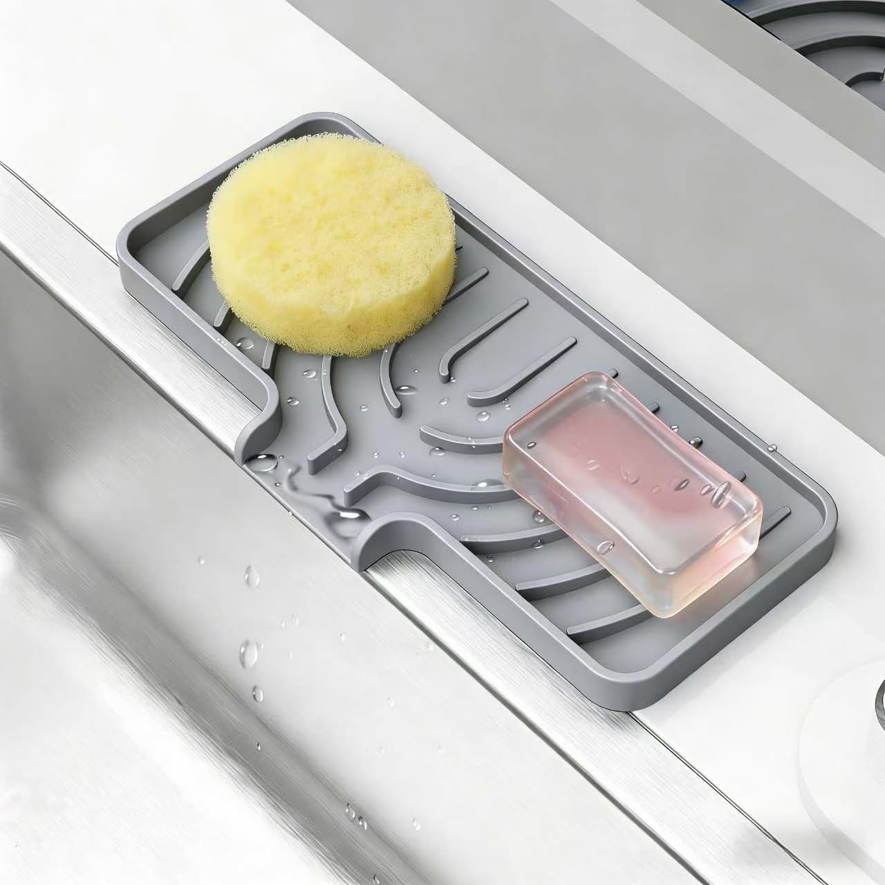 JOOKKI Sponge Holder for Kitchen Sink, Soap Tray for Sink & Counter, 9.8"×4.9" Soap Dish Mat, Silicone with Drain, Perfect for Kitchen, Scrubber, Bottle, Cup (Gray)