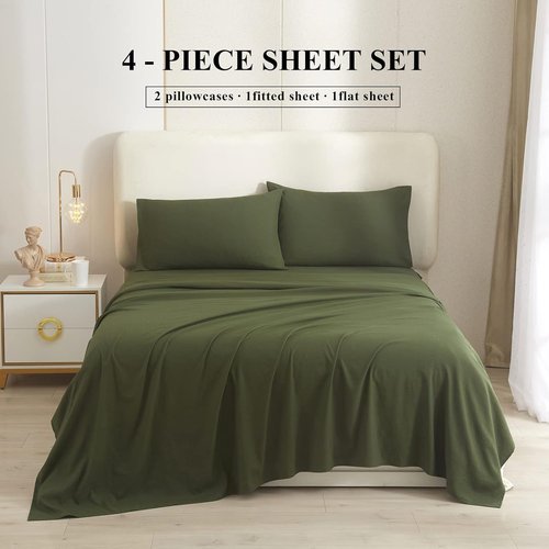 HighBuy Queen Sheet Set - Luxury Hotel-Quality Cooling Bedding - 4 Pieces, Army Green, 16'' Deep Pocket